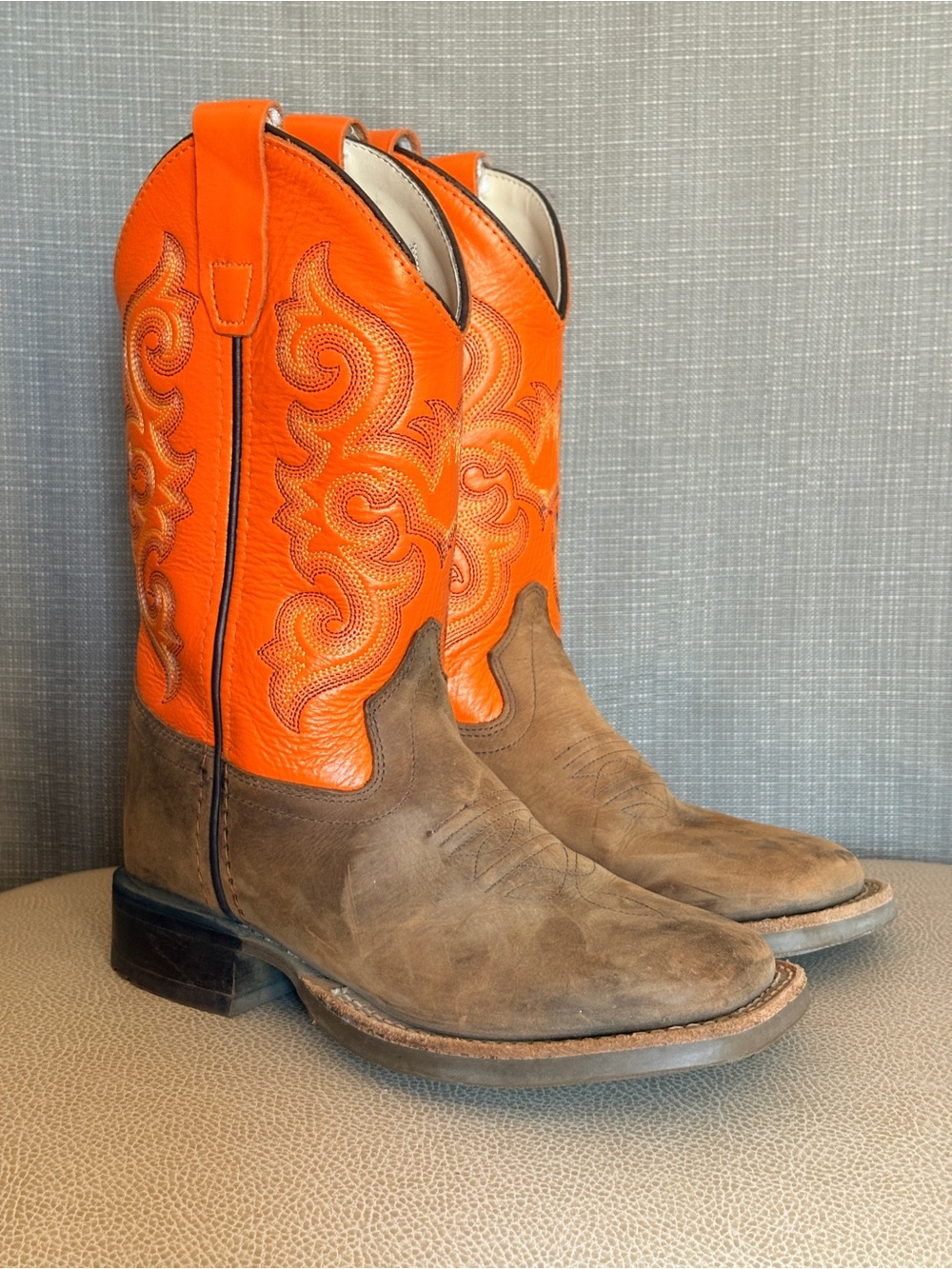 Old West Kids Orange and Brown Six-Row Stitch Western Boots - Picture 5 of 12